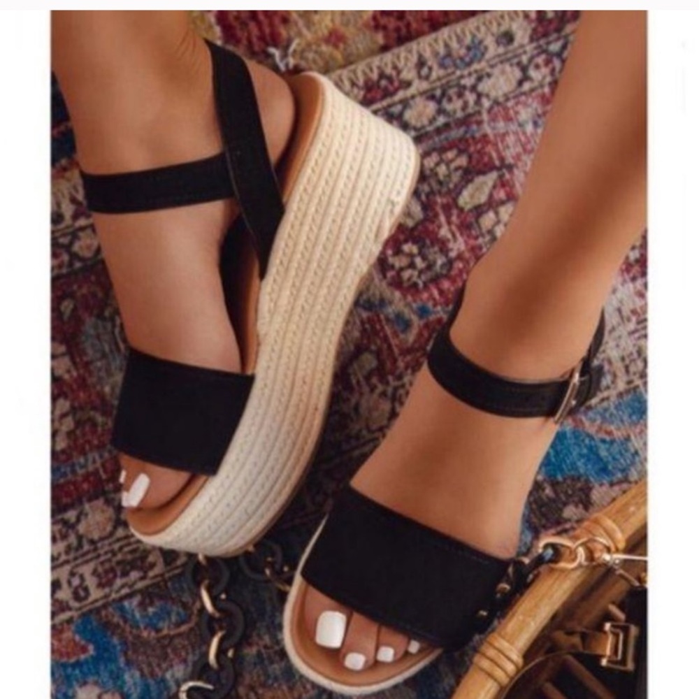 Espadrille Flatform Sandals - Black Suede